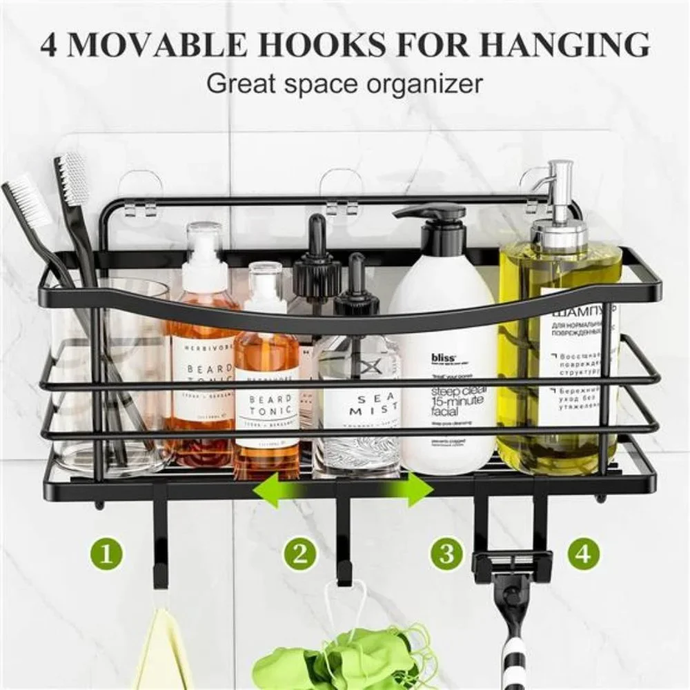 Adhesive Shower Caddy Basket Shelf with 4 Hooks for Shampoo Soap Dish Holder